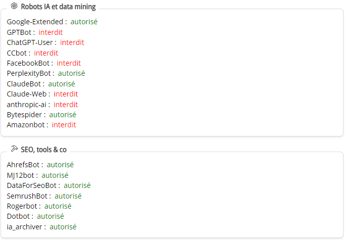 VLimiter les robots des intelligences artificielles, le data mining et les tools agressifs.